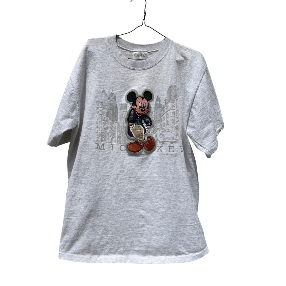 VTG Genus Mickey Mouse T-Shirt Gray Heather Applique City Skyline Made in USA